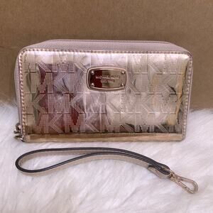 MICHAEL KORS Rose Gold Mirror Metallic Medium Size 7" Zip Around Wristlet Wallet